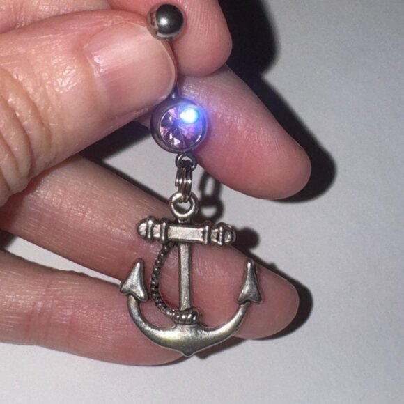 Large Anchor with Rope and Pink Gem Dangle Belly Ring - Picture 11 of 16